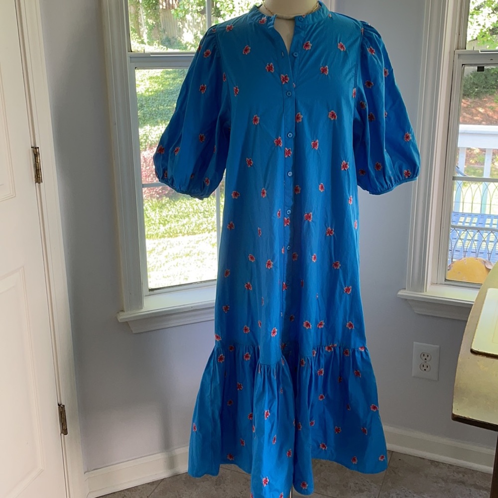 Zara Poplin Puff Sleeves Floral Emb Maxi Dress EUC